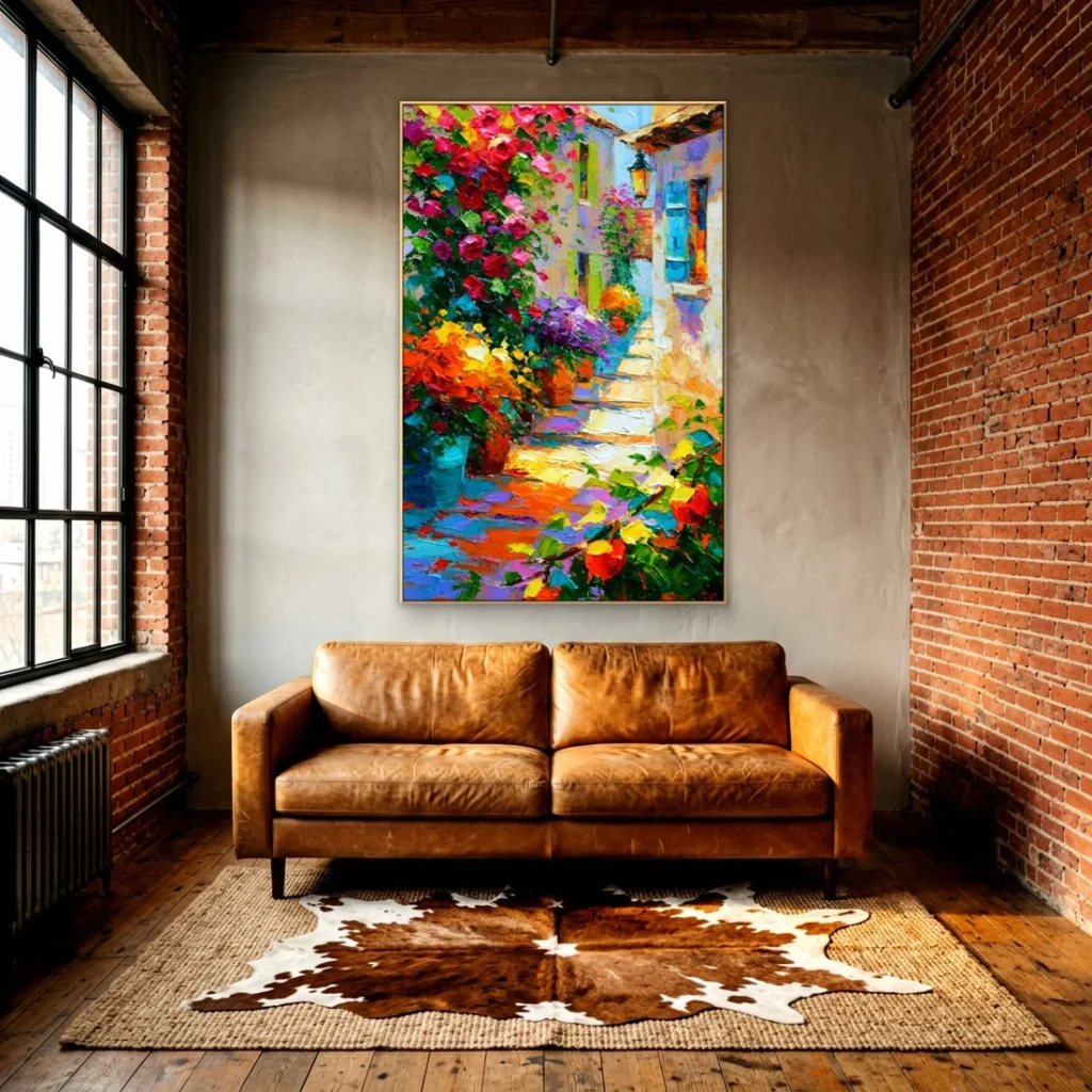 Bougainvillea village steps canvas in an elegant living room