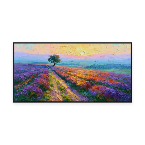 An oversized horizontal palette-knife painting of purple lavender rows leading to a lone tree under a glowing sky, in thick impasto strokes of saturated purple and gold
