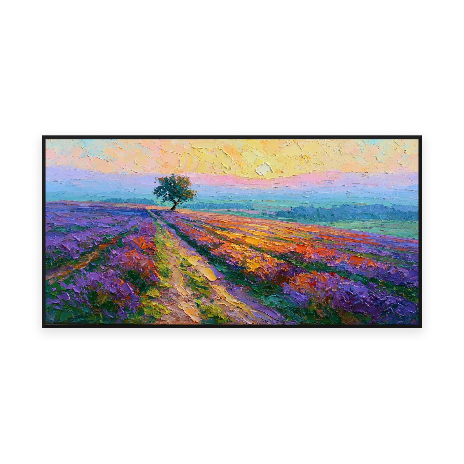 An oversized horizontal palette-knife painting of purple lavender rows leading to a lone tree under a glowing sky, in thick impasto strokes of saturated purple and gold