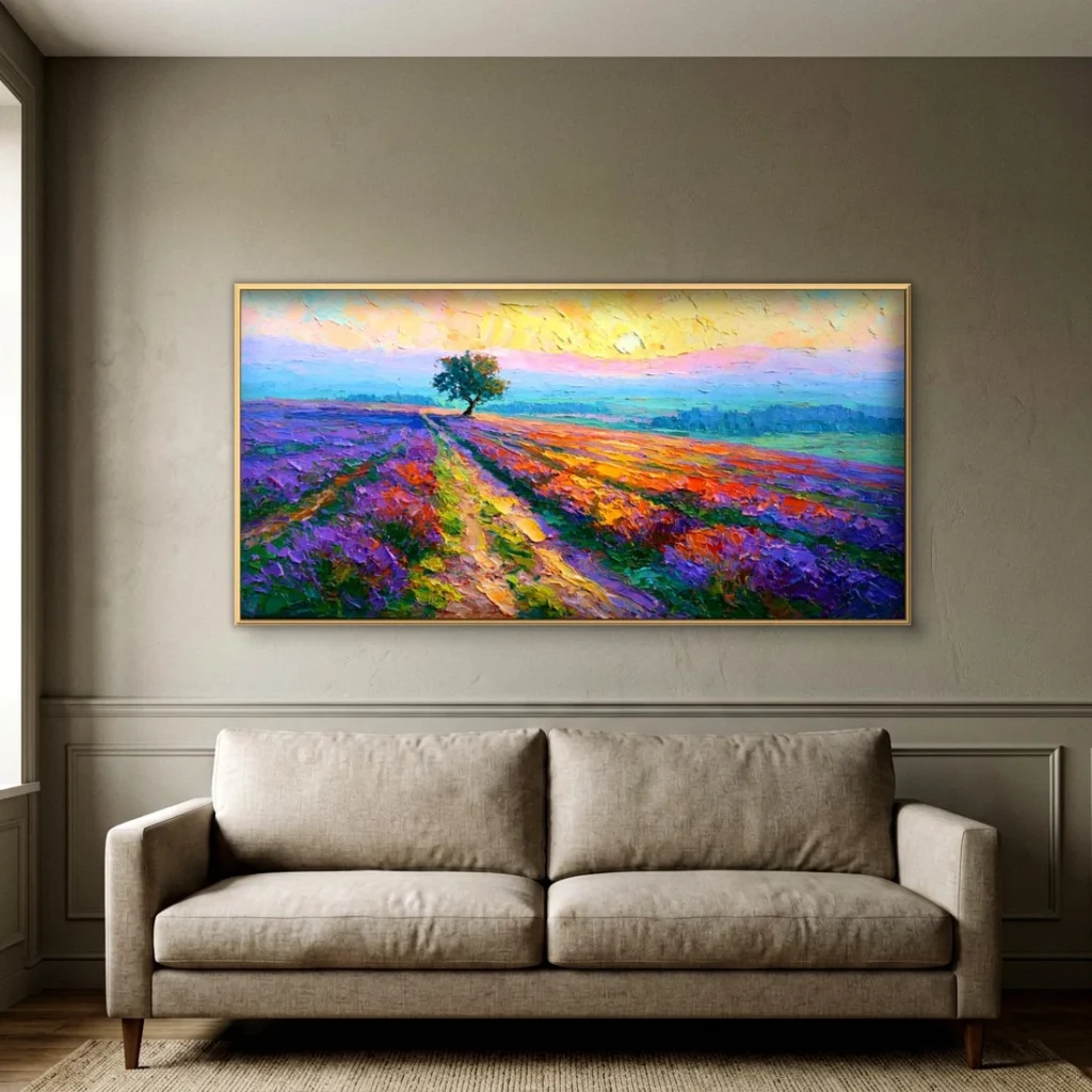 Lavender rows and a lone tree canvas in an elegant living room