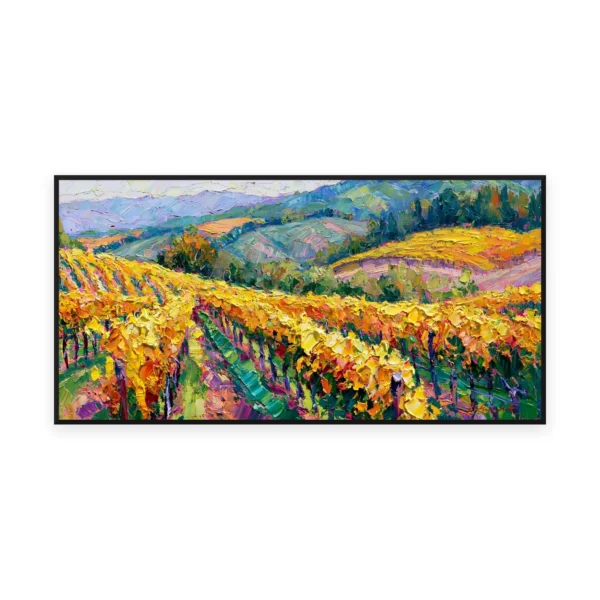 An oversized horizontal palette-knife painting of golden autumn vineyard rows sweeping over rolling hills, in thick impasto strokes of saturated gold and green toward blue distance