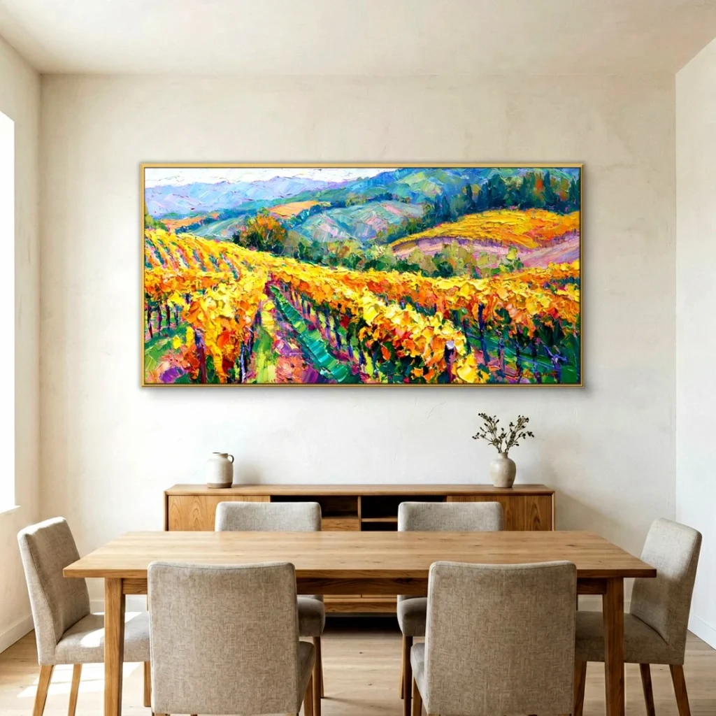 Golden autumn vineyard hills canvas in a bright dining room