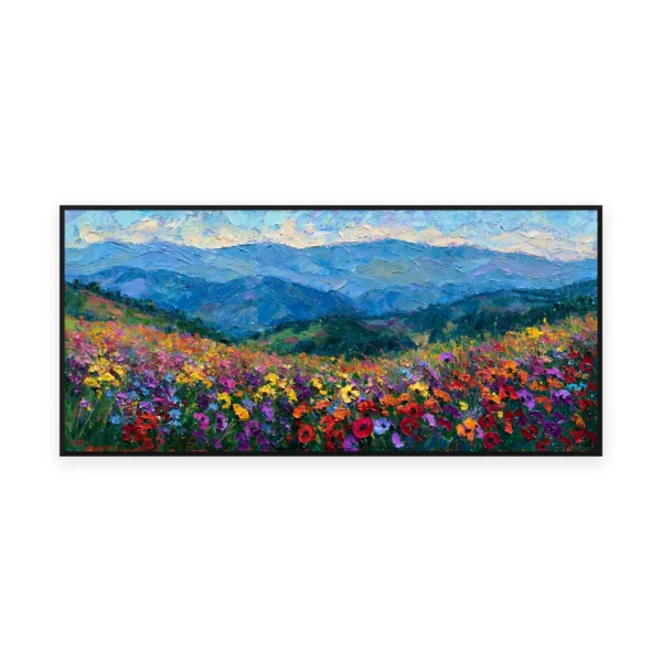 An oversized horizontal palette-knife painting of a meadow of red, purple and yellow wildflowers rolling below blue mountains, in thick impasto strokes of saturated color