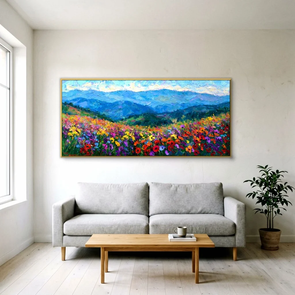 Colorful wildflower meadow below mountains canvas in a Scandinavian living room
