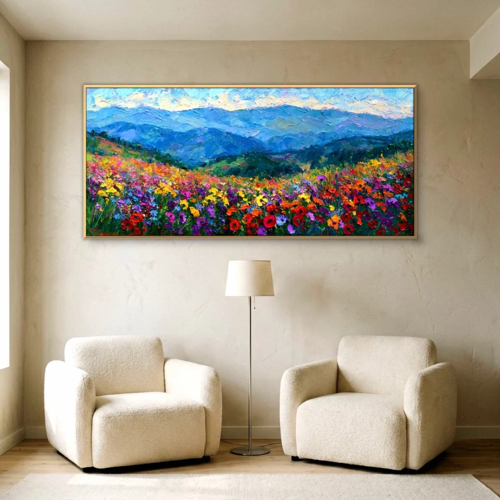 Colorful wildflower meadow below mountains canvas in a living room
