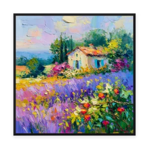 A large square palette-knife painting of a Tuscan stone farmhouse above purple lavender and bright wildflowers below cypress trees, in thick impasto strokes of saturated color