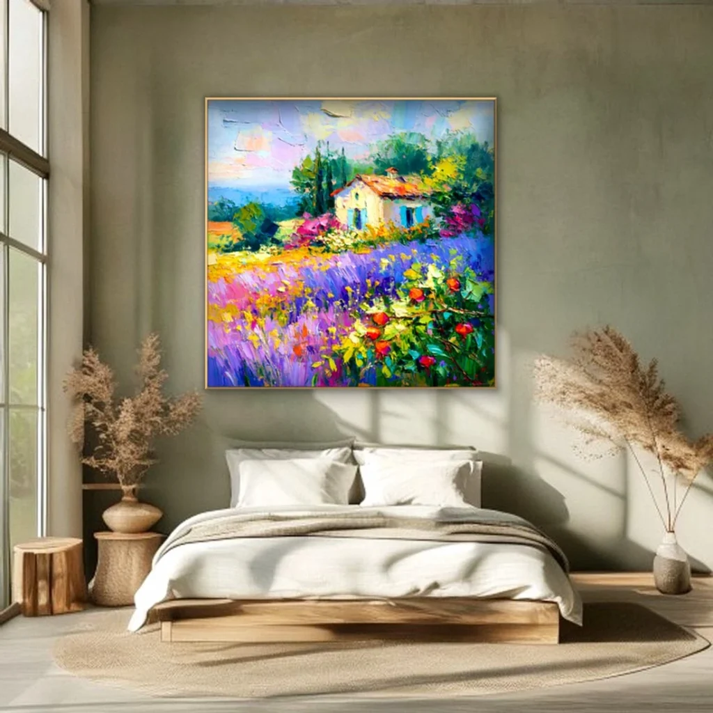 Tuscan farmhouse above lavender field canvas in a cozy bedroom