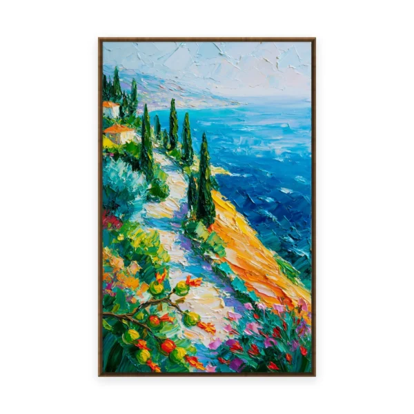 A tall vertical palette-knife painting of a winding path dropping past tall cypress trees to a blue bay, in thick impasto strokes of saturated gold and blue with lively texture