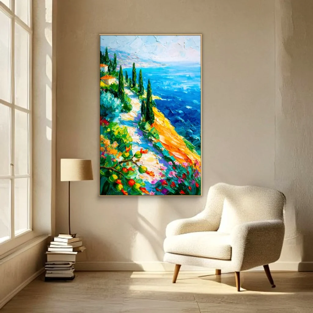 Cypress path down to a blue bay canvas in a reading nook