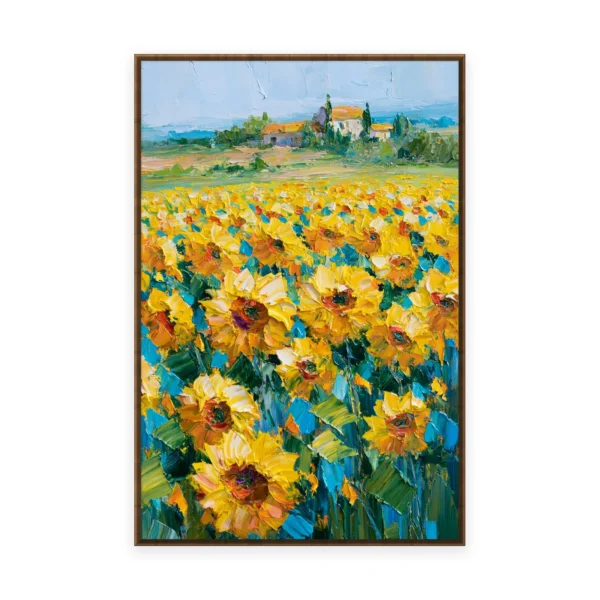 A tall vertical palette-knife painting of a golden sunflower field blazing below a Tuscan farmhouse and cypress trees, in thick impasto strokes of saturated yellow and blue