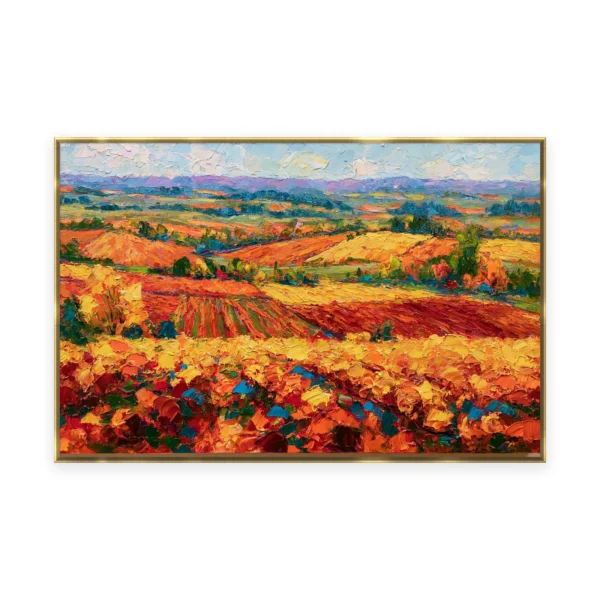 An oversized horizontal palette-knife painting of red, gold and green patchwork fields rolling across Tuscan farmland to soft hills, in thick impasto strokes of saturated color