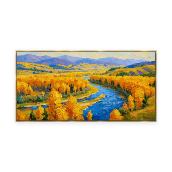 An oversized horizontal palette-knife painting of golden autumn trees lining a winding blue river below soft mountains, in thick impasto strokes of saturated gold and blue