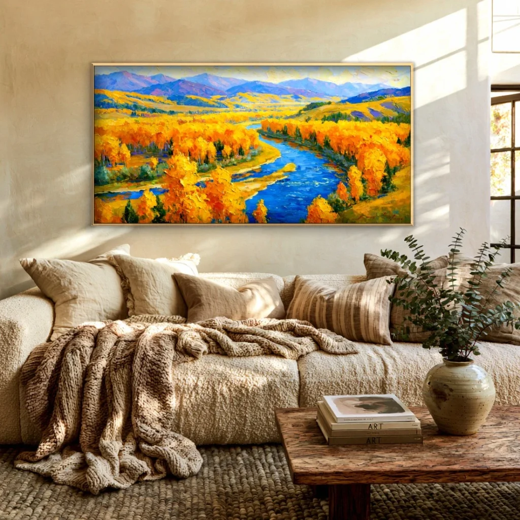 Golden autumn trees by a blue river canvas in a cozy living room