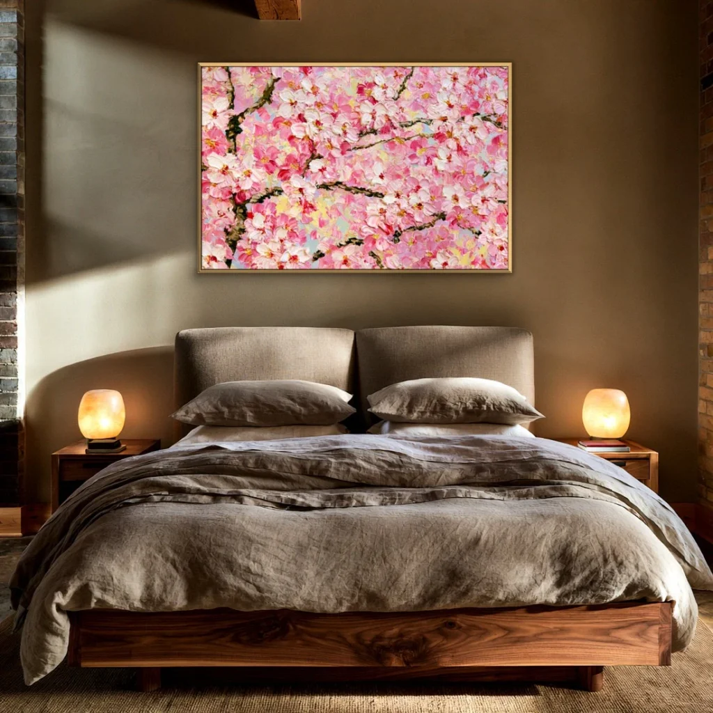 The pink blossom impasto painting in a pale frame on an olive-brown bedroom wall by exposed brick, above a linen headboard with taupe bedding and two rounded amber lamps on wood nightstands.