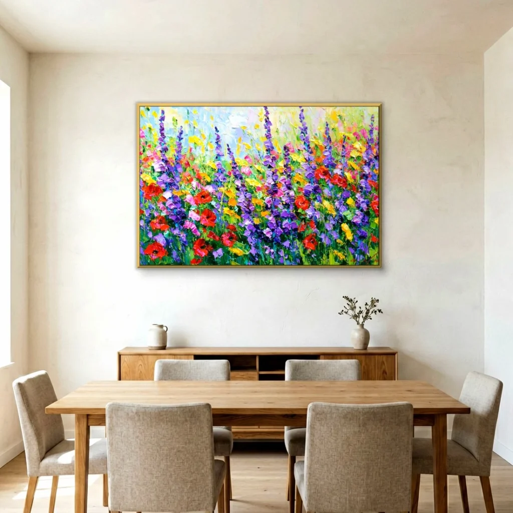 Horizontal palette-knife oil painting of a wildflower meadow with purple spires, red poppies and yellow blooms in thick impasto, framed in gold on a pale plaster wall above a wood sideboard and dining table with gray.