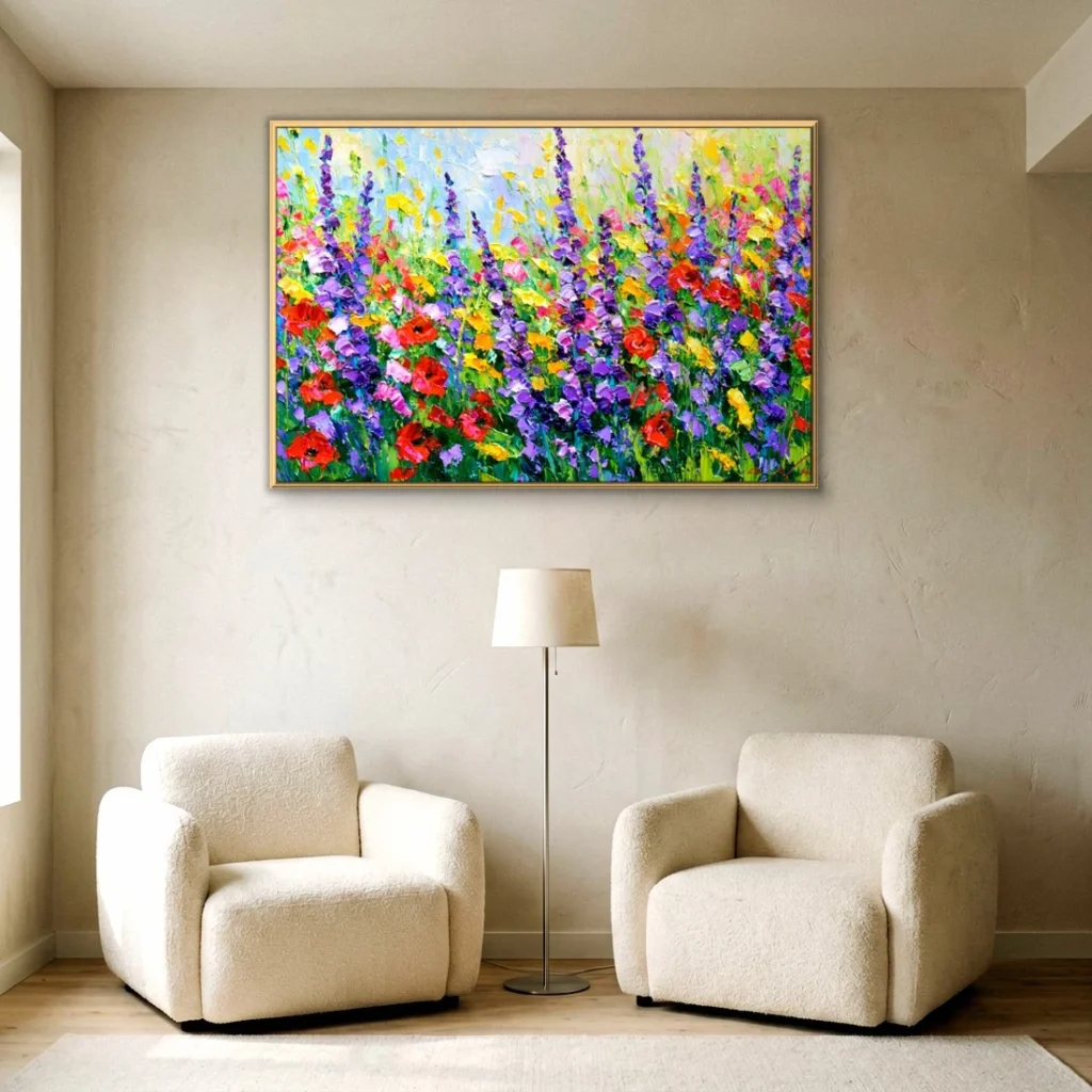 Wide floral canvas wall art of a summer meadow packed with violet larkspur, red poppies and yellow flowers in heavy impasto, gold-framed on a warm greige plaster wall above a floor lamp between two cream boucle armch.