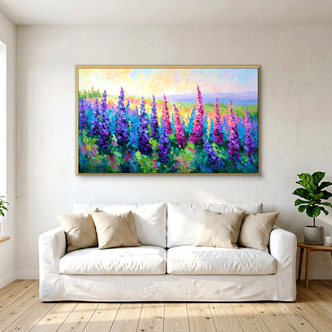 Horizontal impasto oil painting of purple, pink and blue delphinium spires filling a meadow below distant hills and a golden sky, gold-framed on a soft white wall above a white slipcovered sofa