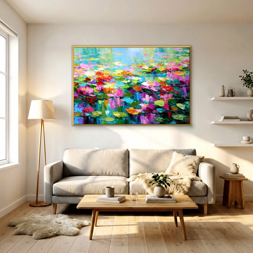 Gold-framed water lily pond canvas hung on a pale gray wall above a light beige sofa, with a wood floor lamp, floating shelves of ceramics, and a low oak coffee table in a sunlit modern living room.