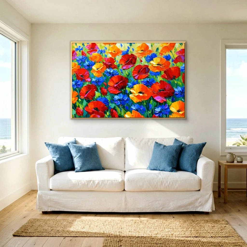 Gold-framed red poppy and blue cornflower canvas on a soft white wall above a slipcovered white sofa with denim blue pillows, between two ocean-view windows in a bright coastal living room.