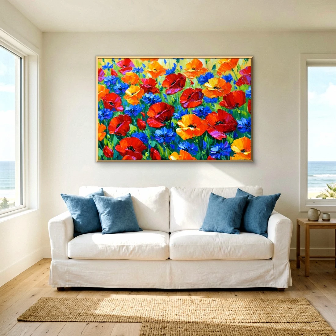 Gold-framed red poppy and blue cornflower canvas on a soft white wall above a slipcovered white sofa with denim blue pillows, between two ocean-view windows in a bright coastal living room.