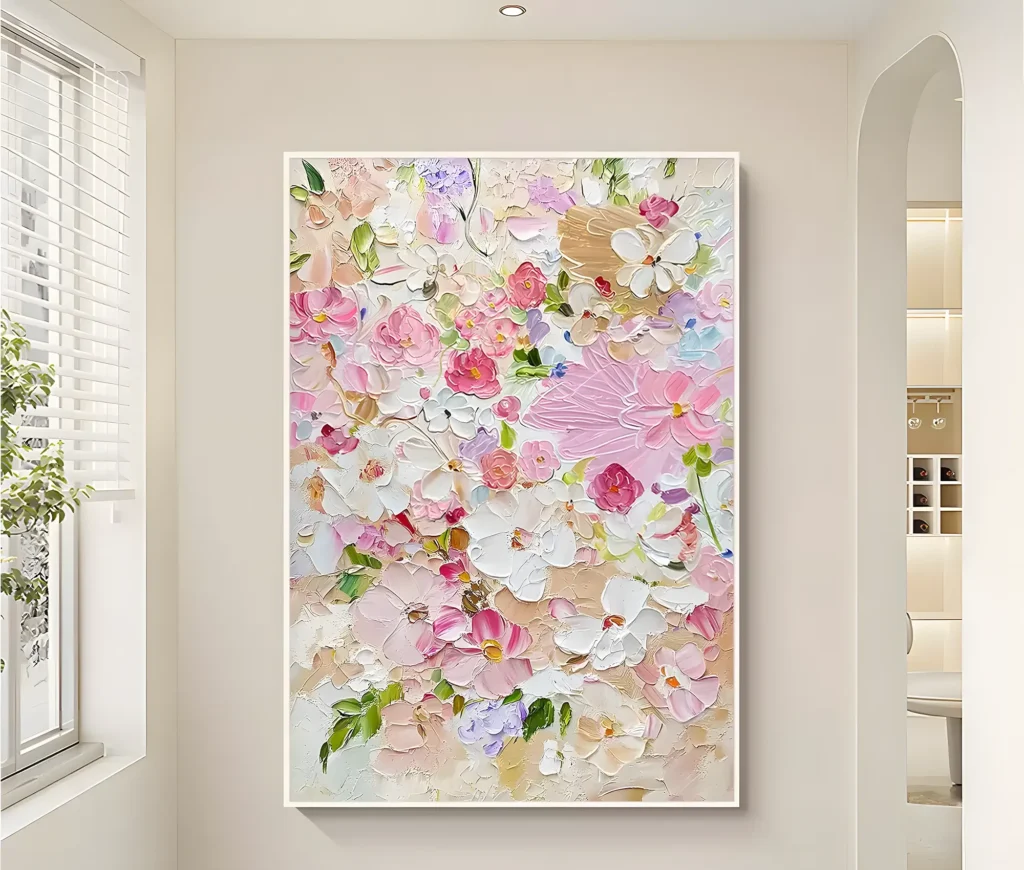 Soft pink cherry blossom impressionist canvas IA01 in a styled interior