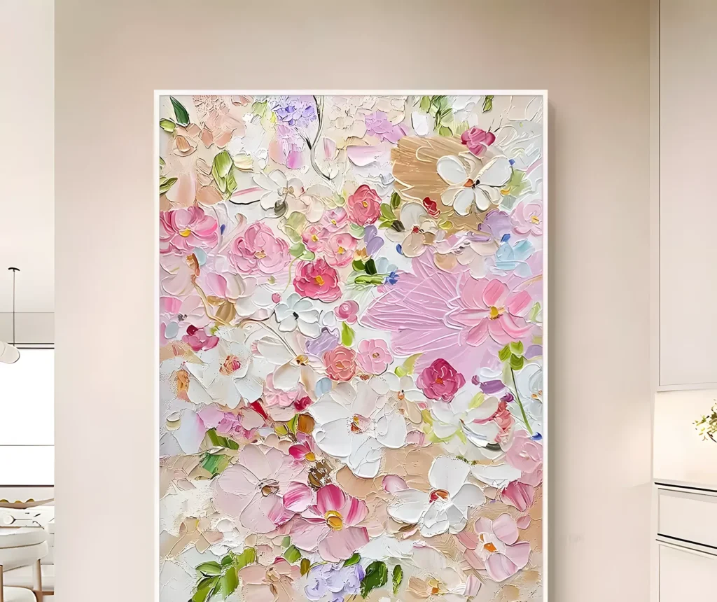 Soft pink cherry blossom impressionist canvas IA01 in a styled interior