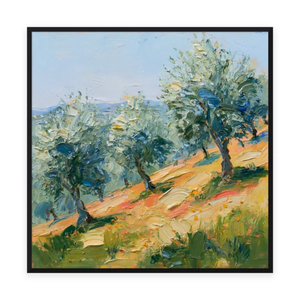 A large square impressionist painting of silvery olive trees on a sunlit hillside under a soft sky, in loose palette-knife strokes catching warm Mediterranean light through the grove