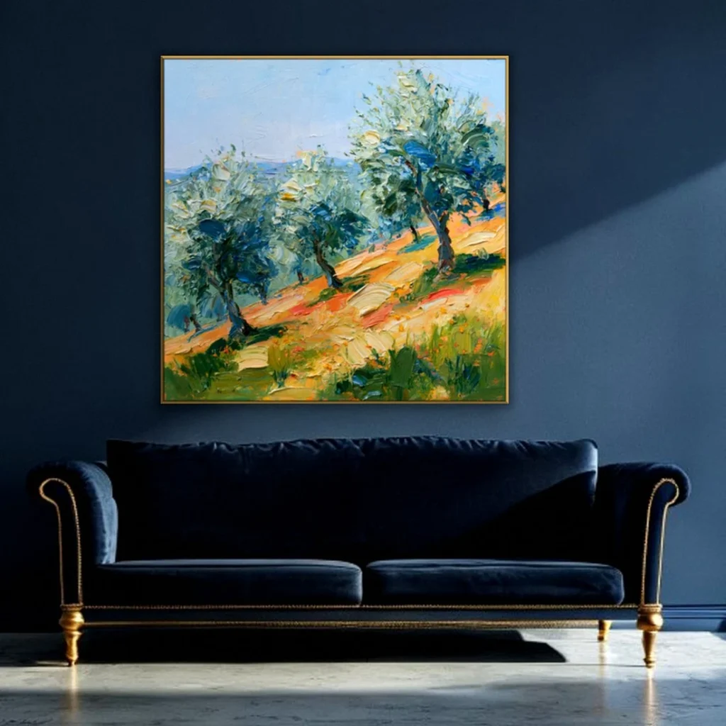 Sunlit olive grove on a hillside impressionist in a moody living room