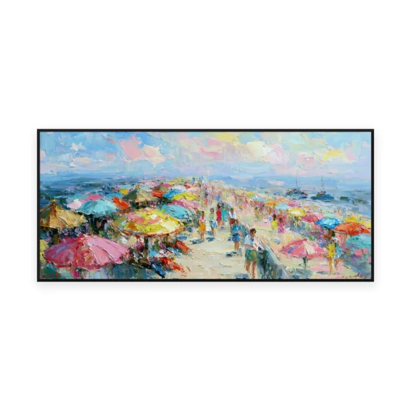 An oversized horizontal impressionist painting of small figures strolling a sunlit path among bright pink and red blooms, in lively palette-knife dabs of scattered color