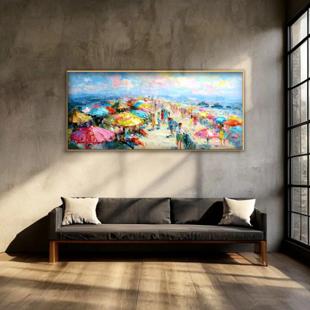 Figures on a sunlit flower path impressionist in a moody living room