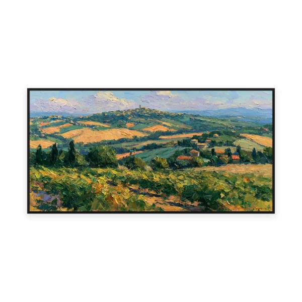 An oversized horizontal impressionist painting of rolling Tuscan hills patterned with vineyards and cypress trees receding to soft blue distance, in warm palette-knife strokes