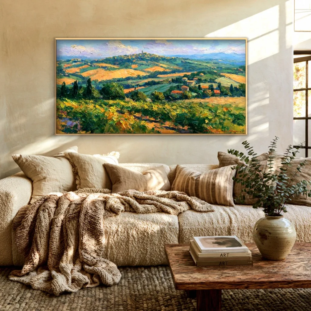 Rolling Tuscan vineyard hills impressionist in a cozy living room
