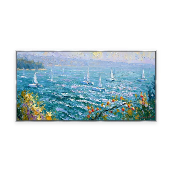 An oversized horizontal impressionist painting of white sailboats drifting across a sparkling blue lake below soft hills, in lively palette-knife strokes catching the bright water light