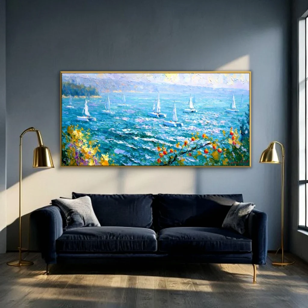 Sailboats on a sparkling blue lake impressionist in a moody living room