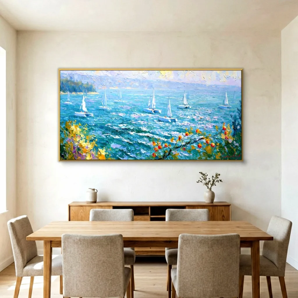 Sailboats on a sparkling blue lake impressionist in a bright dining room