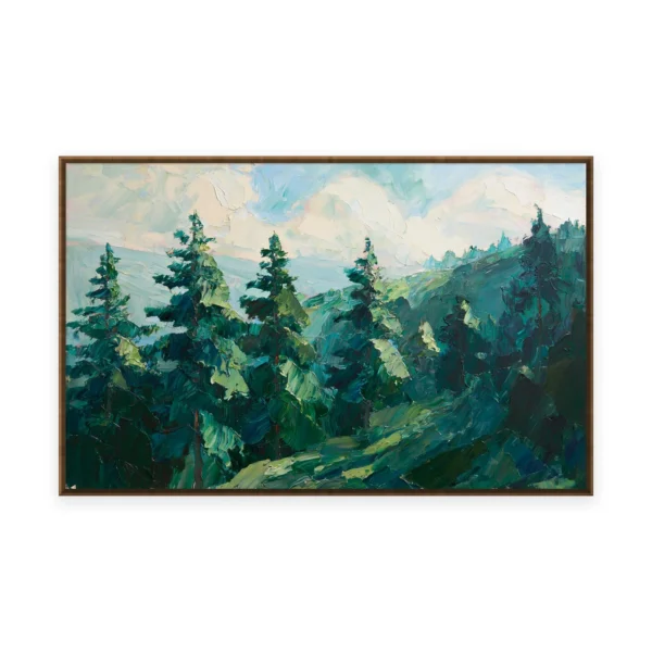 An oversized horizontal impressionist painting of dense green pine trees layered across a hillside under a soft sky, in bold palette-knife strokes building rich evergreen foliage