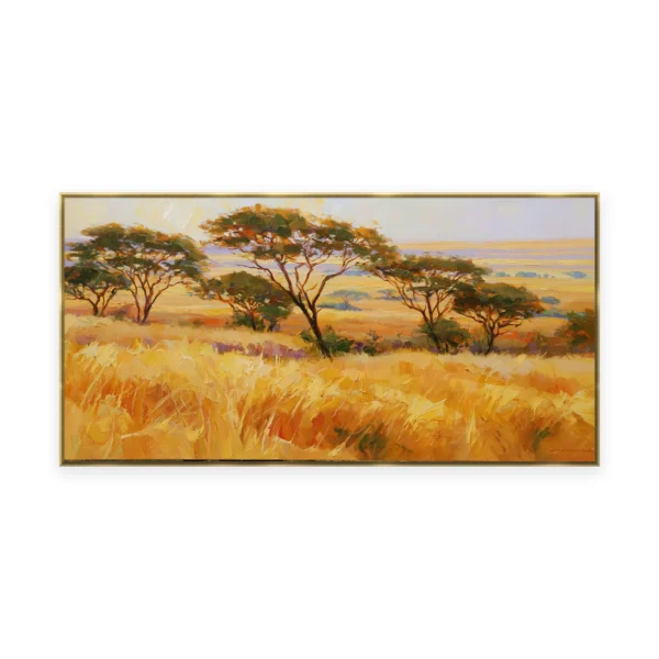 An oversized horizontal impressionist painting of flat-topped acacia trees standing over golden savanna grass under a warm sky, in loose palette-knife strokes across the sunlit plain