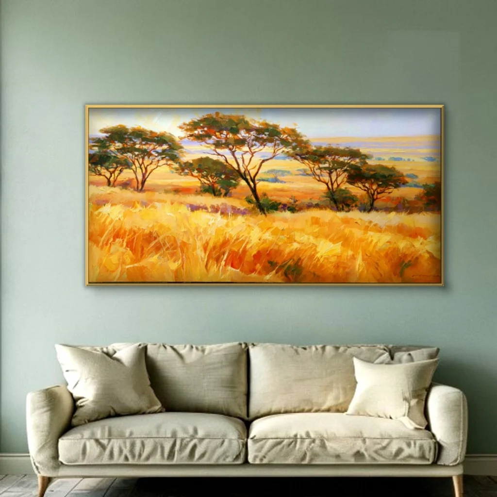Acacia trees on golden savanna impressionist in a living room