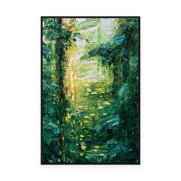 A tall vertical impressionist painting of light filtering deep into a lush green forest, in bold palette-knife strokes catching the glow through dense layered summer foliage