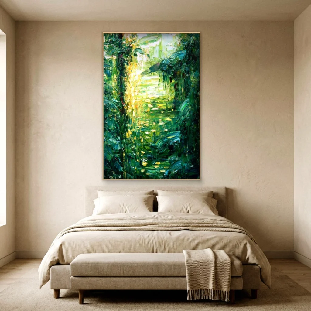 Sunlit green forest depths impressionist in a bedroom
