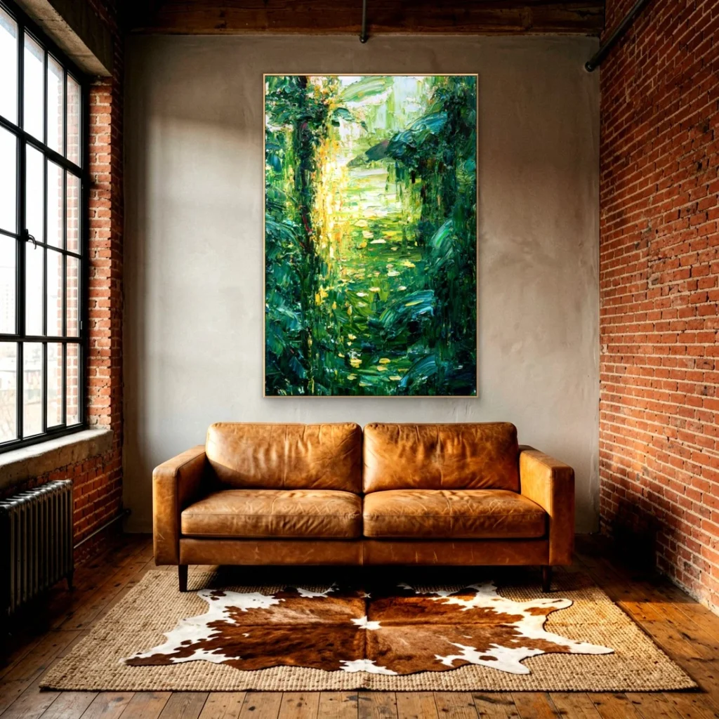 Sunlit green forest depths impressionist in an elegant living room