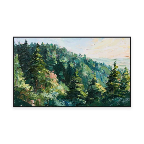 An oversized horizontal impressionist painting of green pine trees crowding a ridge above a soft hazy valley, in bold palette-knife strokes building the layered evergreen slope