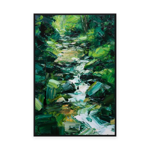 A tall vertical impressionist painting of a bright stream winding through a deep green forest, in lively palette-knife strokes catching the rushing water and dappled leaf light