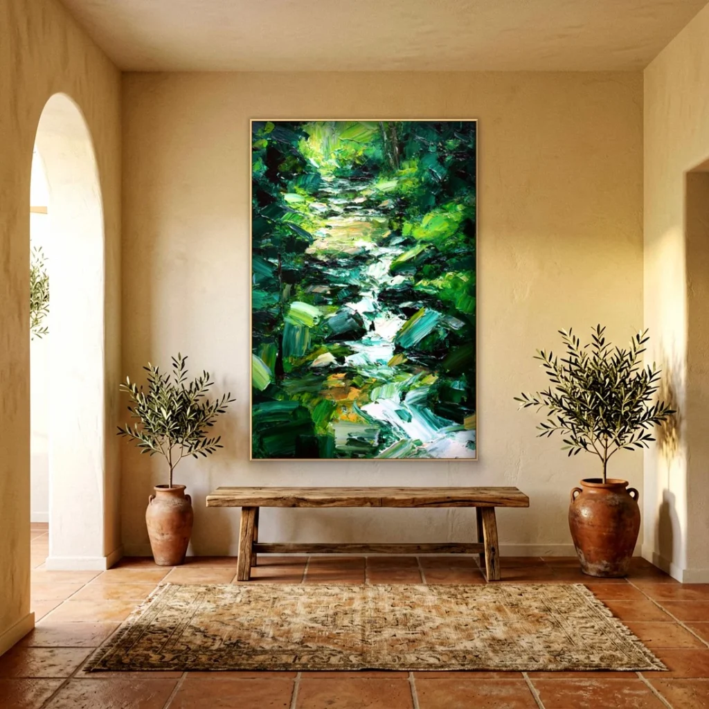 Forest stream through green woods impressionist in an elegant living room