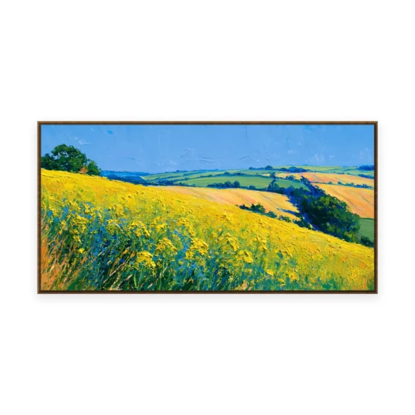 An oversized horizontal impressionist painting of a golden rapeseed field rolling under a bright blue sky toward green hills, in lively palette-knife strokes across the sunlit countryside