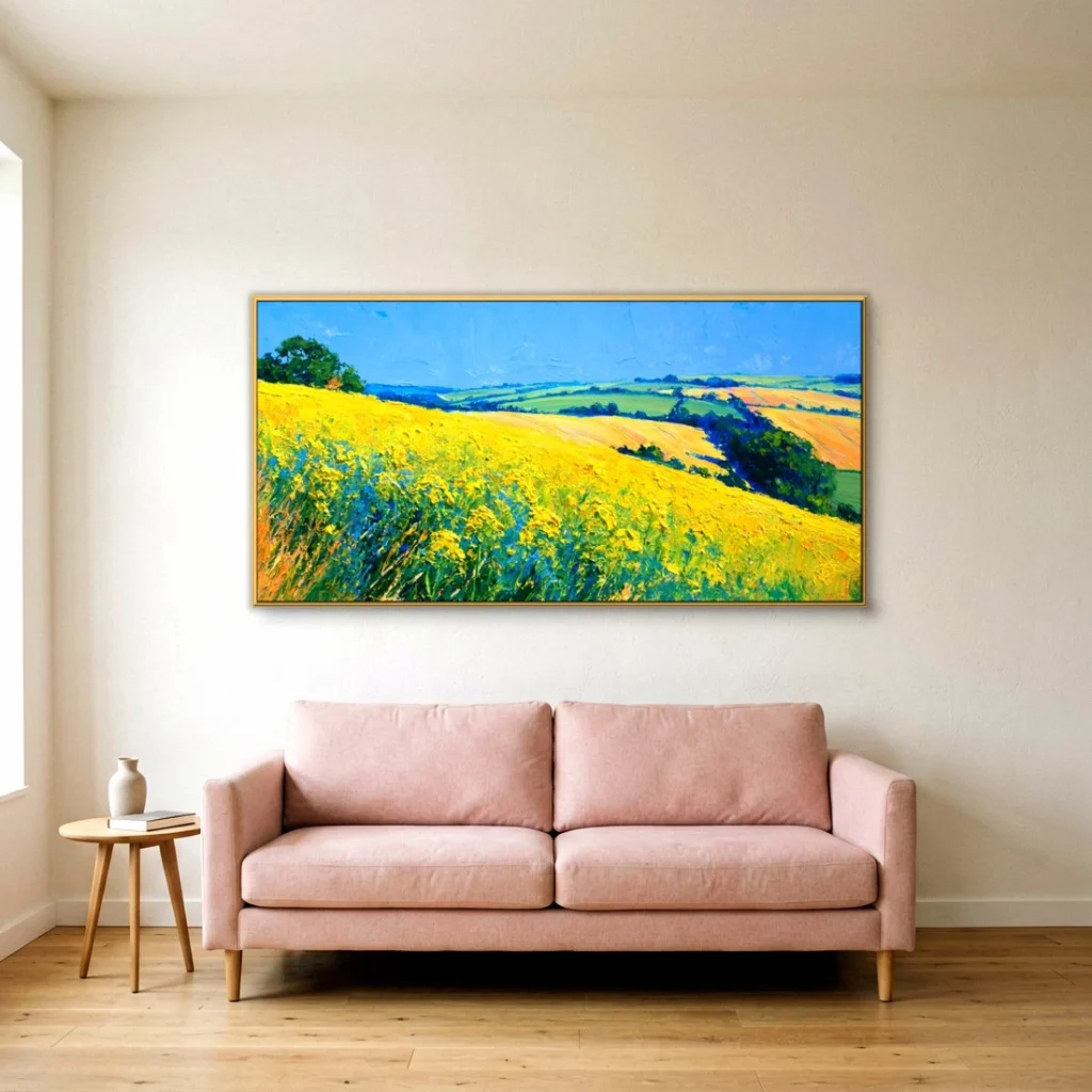Golden rapeseed field under blue sky impressionist in a living room