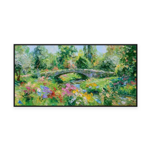 An oversized horizontal impressionist painting of a stone bridge arching over a lush green garden with small blooms, in soft palette-knife strokes catching dappled light through the foliage