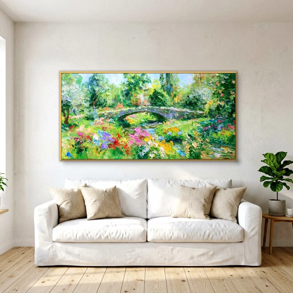 Stone bridge in a green garden impressionist in a bright living room