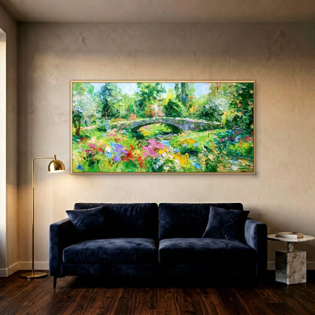 Stone bridge in a green garden impressionist in a moody living room