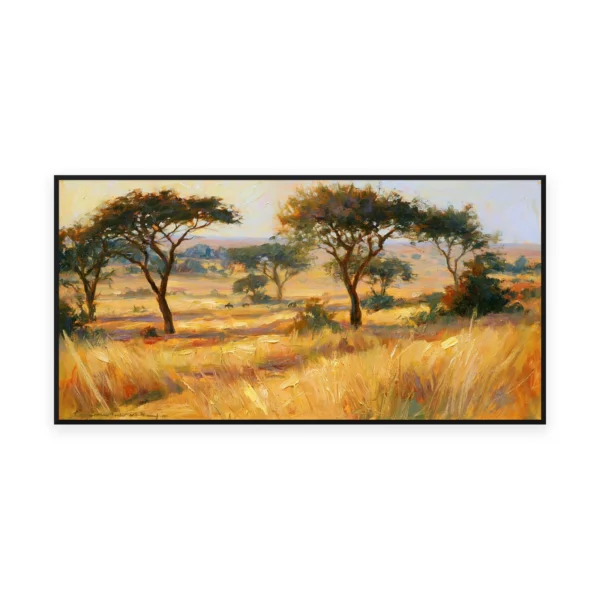 An oversized horizontal impressionist painting of acacia trees standing over golden grassland under a warm sky, in soft palette-knife strokes catching the light across the peaceful plain